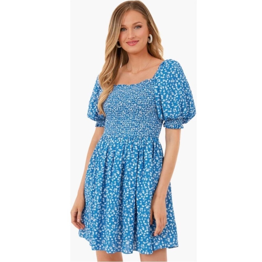 Hyacinth House Smocked Short Sleeve Ditsy Floral Pai Mini Dress Large Blue White